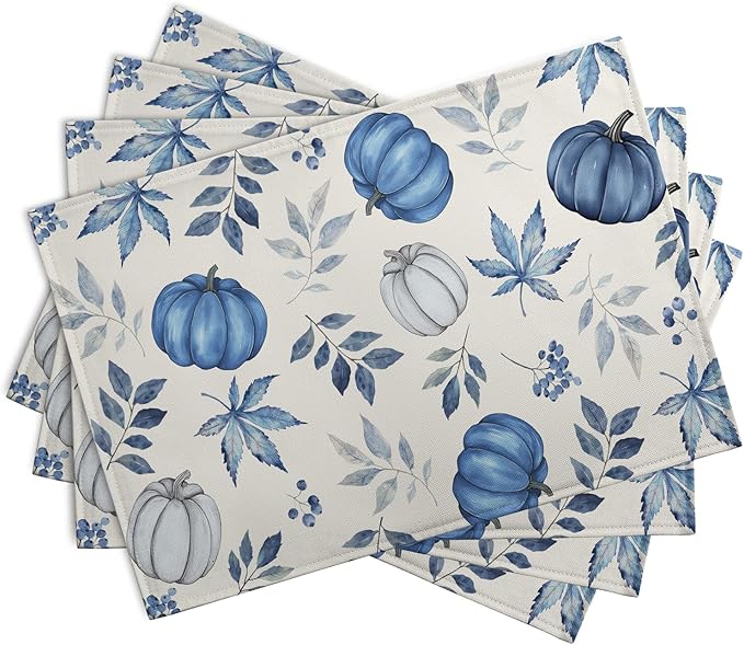 Blue Pumpkin Maple Leaves Fall Placemats Set of 4 Autumn Thanksgiving Harvest Linen Place Mat Non Slip Heat Resistant Washable Table Mats for Party Kitchen Dining Decoration-Ruum Studio Home