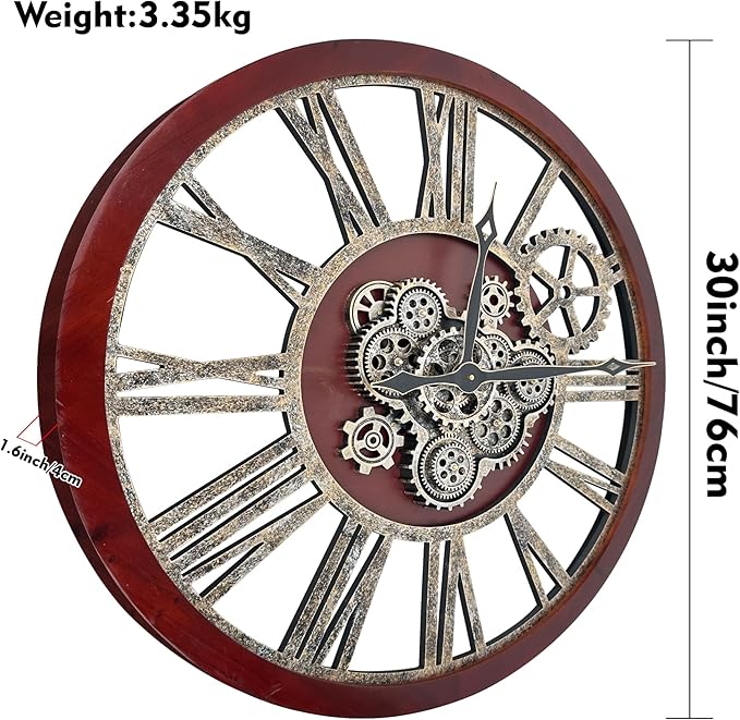 The B-Style Large Real Moving Gears Wall Clock 30 inch Rustic Retro Industrial Farmhouse Wood Clock Oversized Decorative Vintage Wall Clocks for Living Room (Black walunt Wood and Bronze)-Ruum Studio Home