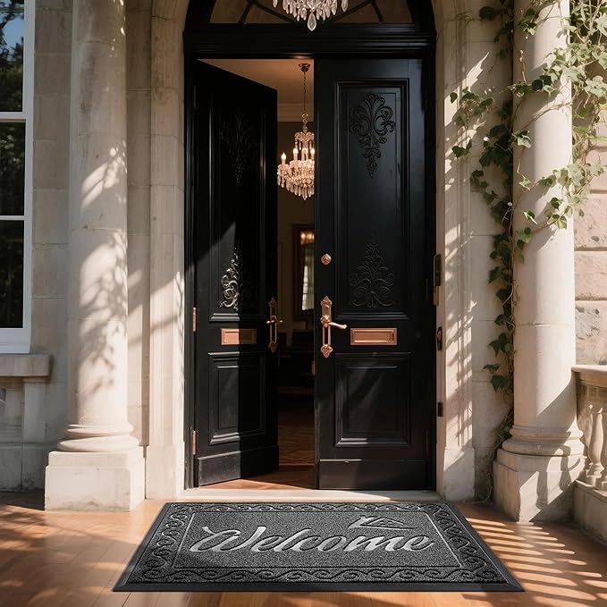 Yimobra Welcome Mat, Heavy Duty Sturdy Door Mats for Home Entrance Outdoor Indoor, Front Doormat for Outside Patio Floor Entry Porch Garage Office, Waterproof, Low Profile, 60 x 36, Black Grey-Ruum Studio Home