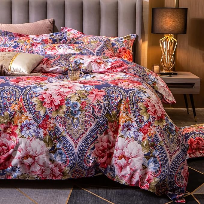 ABREEZE Colorful Floral Duvet Cover Queen 100% Cotton Flower Duvet Cover 3 Piece Set 1 Multi-Colored Damask Paisley Duvet Cover with Zipper Ties 2 Pillowcases Luxury Soft Peony Print Bedding Set-Ruum Studio Home