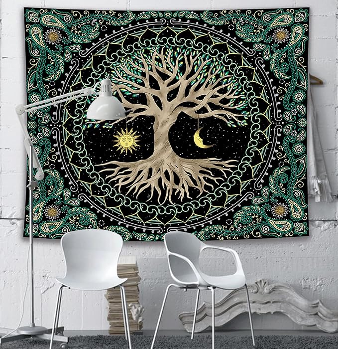 FORATER Tree of Life Wall Hanging - Aesthetic Sun and Moon Tapestry with Vintage Paisley Flowers (53 x 61 inches, Multicolor) for Bedroom, Living Room, Dorm-Ruum Studio Home