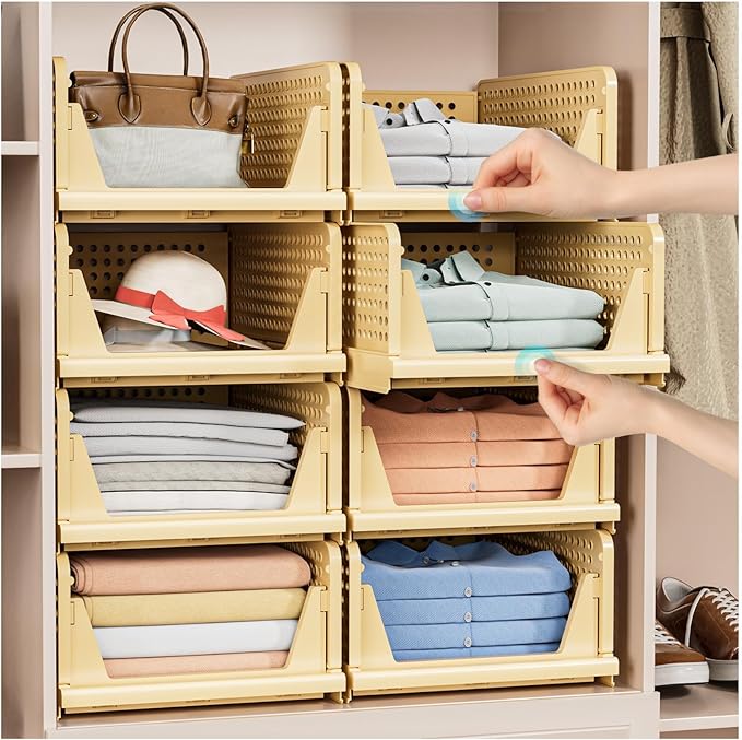 5 Pack Stackable Closet Storage Basket - Stackable Storage Bins, Multifunctional & Foldable Closet Organizer, Wardrobe Cupboard Space-Saving Hat Storage Drawer Organizer, Yellow-Ruum Studio Home
