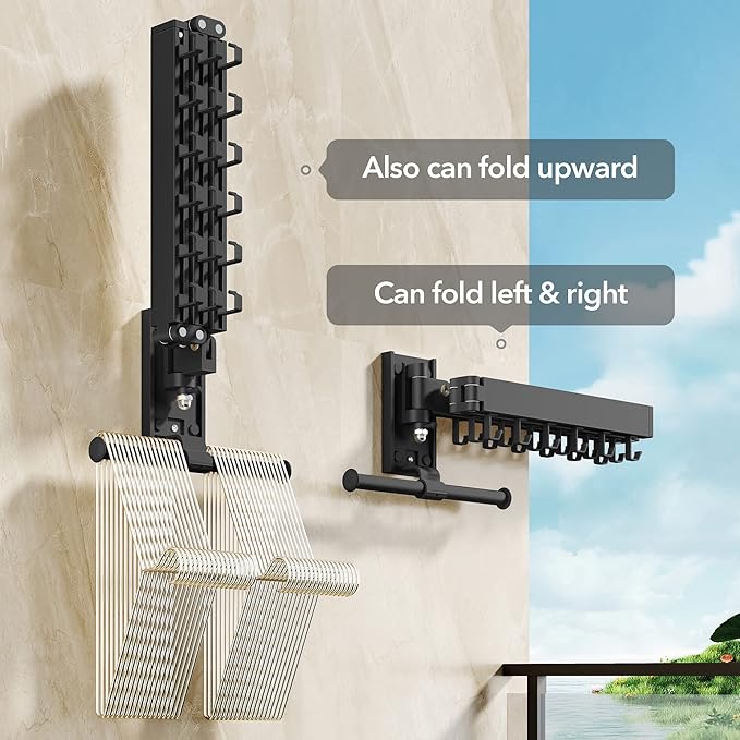 Drying Rack Clothing, Retractable Clothes Drying Rack,Wall Mounted Laundry Rack, Laundry Drying Rack Wall Mount,Collapsible Clothes Rack,can Fold Upward & Left & Right,Black Color-Ruum Studio Home