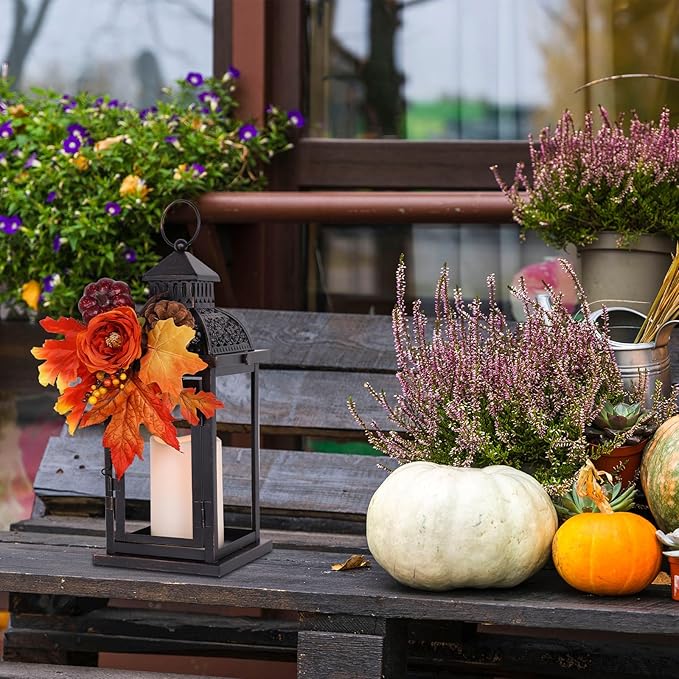 NEEDOMO Fall Decorations for Home, 15'' Fall Lantern Indoor Outdoor Thanksgiving Decor, Vintage Metal Hanging Candle Holders with Fall Teardrop Wreath and LED Candle for Patio, Porch, Table-Ruum Studio Home