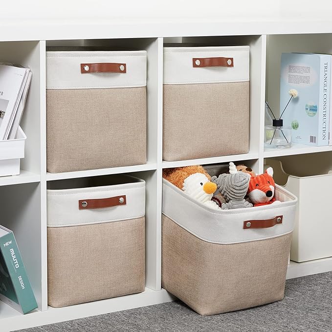 DULLEMELO Cube Storage Bins - 4 Pack Foldable Large Storage Baskets 12 inch Gifts Empty Fabric Bins for Home Office Cubes Organizer Closet, Shelves, Toy, Nursery (4 Pack - 12" White&Khaki)-Ruum Studio Home
