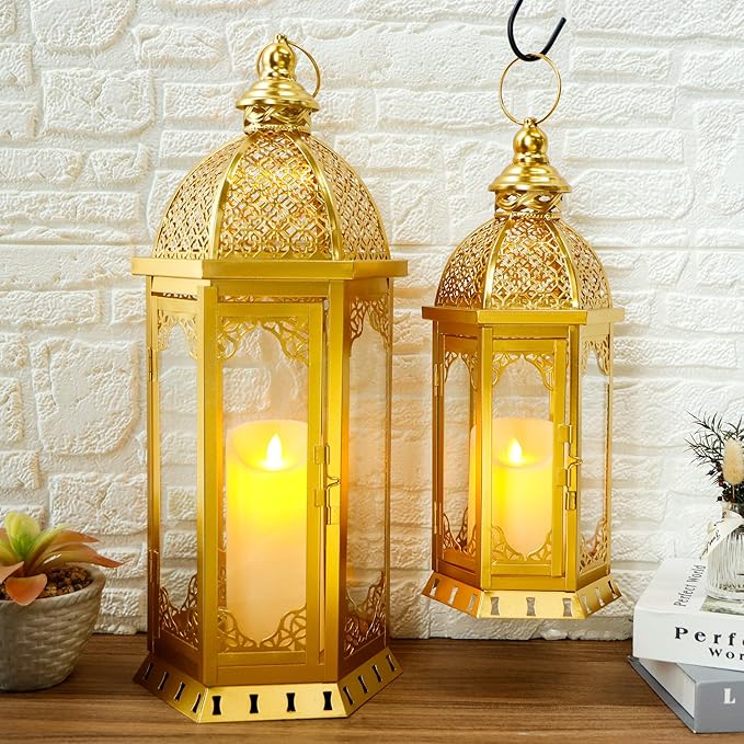 JHY DESIGN Set of 2 Outdoor Candle Lanterns 22"&17" H Decorative Vintage Metal Candle Holders for Garden Porch Indoor Outdoor Parties Weddings Patio Home Decor(Gold)-Ruum Studio Home