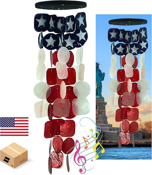Bellaa 24834 Wind Chimes Outdoor, Garden Decorations, Musical, Indoor/Outside Windchimes, Beach, Ocean Breeze, Gifts for Mom, Gift for All Occasions, Capiz Sea Glass Shells Wood American Patriotic-Ruum Studio Home
