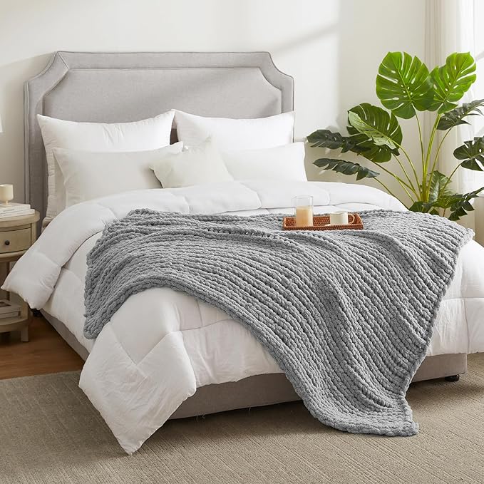 Amélie Home Chunky Knit Throw Blanket for Couch, Soft Chenille Crochet Blanket for Sofa, 50"x60", Light Grey-Ruum Studio Home