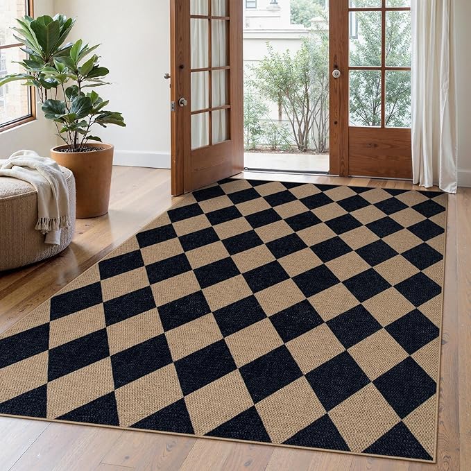 Lahome Checkered Easy Jute Outdoor Rug, 5x7 Area Rugs for Living Room Nature Large Dining Room Carpet, Farmhouse Outdoor Patio Non Slip Diamond Carpet for Home Office Bedroom Backyard Deck-Ruum Studio Home