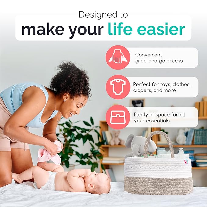 Rope Diaper Caddy - Storage for Baby and Toddler Items - Portable Cotton Organizer Easily Holds Diapers, Wipes, Clothing - Useful for Nursery, Bedroom (Beige, Regular)-Ruum Studio Home