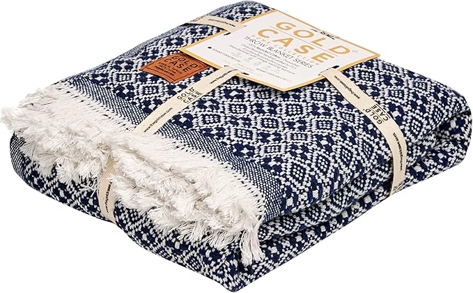 Gold Case Throw Blanket for Couch - 100% Recycled Turkish Cotton Blankets & Throws - Retro Soft Throw Blankets for Living Room Sofa - Boho Decorative Woven Throws for Couch - 60x80 - Navy Blue-Ruum Studio Home