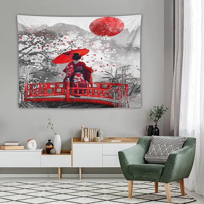 Japanese Red Geisha Tapestry Asian Cherry Blossom Red Sun Traditional Kimono Folk Tapestries Home Decor for Living Room Bedroom Apartment Farmhouse Dorm 80"x60"-Ruum Studio Home