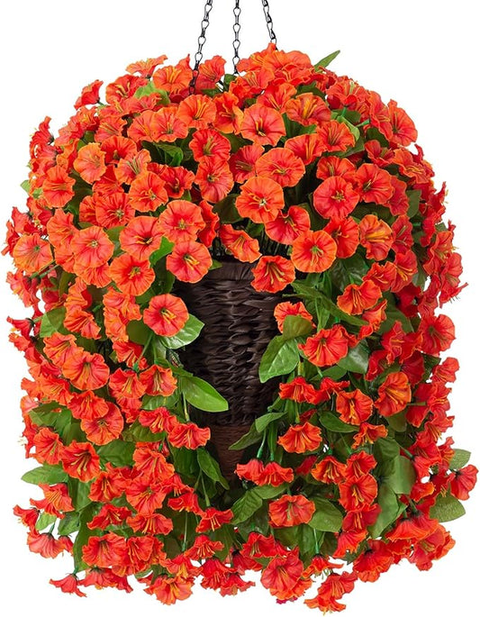 Artificial Fake Hanging Flowers Plants Baskets for Outdoor Fall Decoration, Faux Silk Orange Morning Glory in Planter UV Resistant Look Real for Home Porch Patio Balcony Yard Decor-Ruum Studio Home