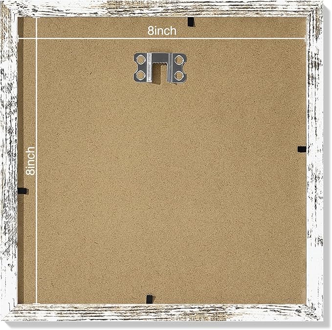 Vittanly 8x8 Picture Frames Set of 9, Shatter Resistant Plexiglass, Display 4x4 Pictures with Mat or 8x8 without Mat, Photo Frames for Wall Mount, Engineered Wood, Distressed White-Ruum Studio Home