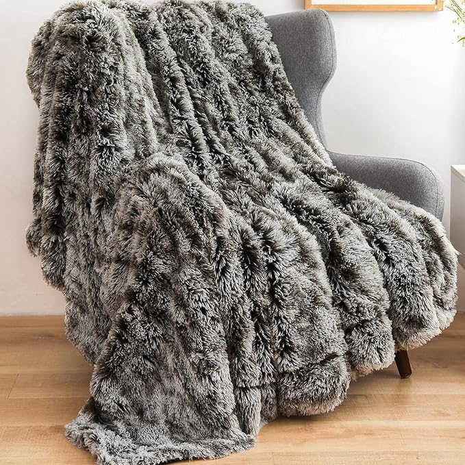 GONAAP Fuzzy Faux Fur Throw Blanket Frosty Black Super Soft Cozy Plush Fuzzy Shaggy Blanket for Couch Sofa Bed (Frosty Black, Throw(50"x60"))-Ruum Studio Home