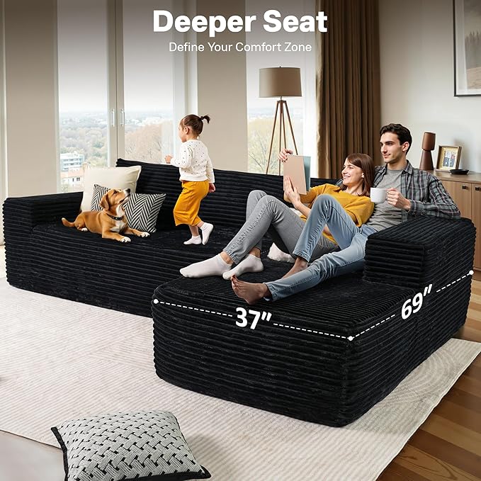 104" Cloudy Sectional L Shaped Couch for Living Room, No Assembly Required, Modular Comfy Sofa with Deep Seat, Fluffy Couch with Sleeper Chaise for Apartment Lounge (Black)-Ruum Studio Home