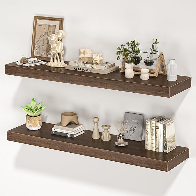 Floating Shelves for Wall, 36" W x 8" D x 1.5" H, Wooden Wall Mounted Display Shelves with Invisible Brackets for Living Room, Bedroom, Bathroom, Kitchen Decor and Storage, Set of 2, Walnut-Ruum Studio Home