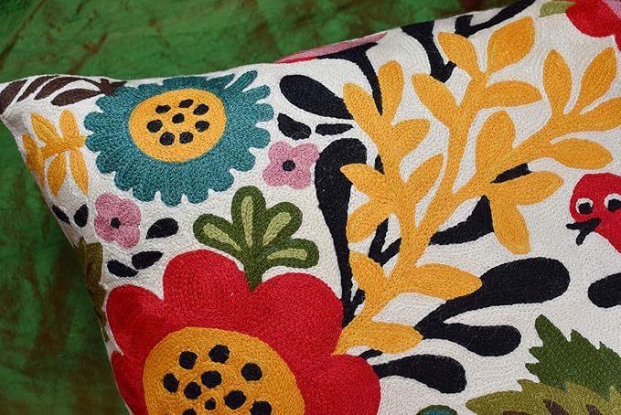 Red Polish Floral Pillow Cover Bird Flower Pillowcase Floral Outdoor Suzani Cushions Flowery Throw Chair Cushion Farmhouse Pillowsham Hand Embroidered Wool 18x18 Inch-Ruum Studio Home