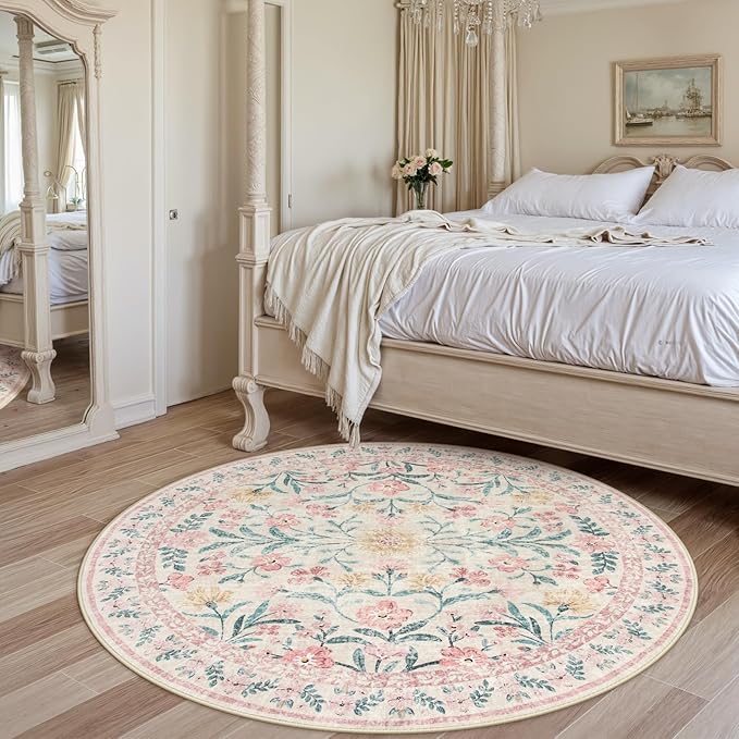 Wonnitar Washable Round Rugs 6ft, Pink Floral Circle Rug Large Round Carpet for Bedroom, Boho Soft Ultra-Thin Circular Carpets for Kids Playroom Living Room Nursery-Ruum Studio Home