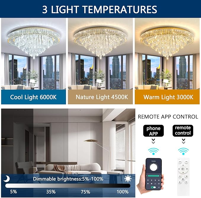 Modern Crystal Chandeliers for Living Room Ceiling Light Fixture LED Dimmable Lamp with Remote Pendant Lighting Flush Mount Ceiling Light for Dining Room Bedrooms Foyer-Ruum Studio Home