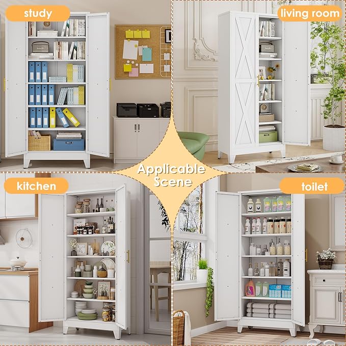 75" Tall Metal Kitchen Pantry Storage Cabinet, Freestanding Cupboard with 2 Doors and 5 Adjustable Shelves, Standing Storage for Kitchen, Bathroom, Garage, Dinning Room or Utility Room（White）-Ruum Studio Home
