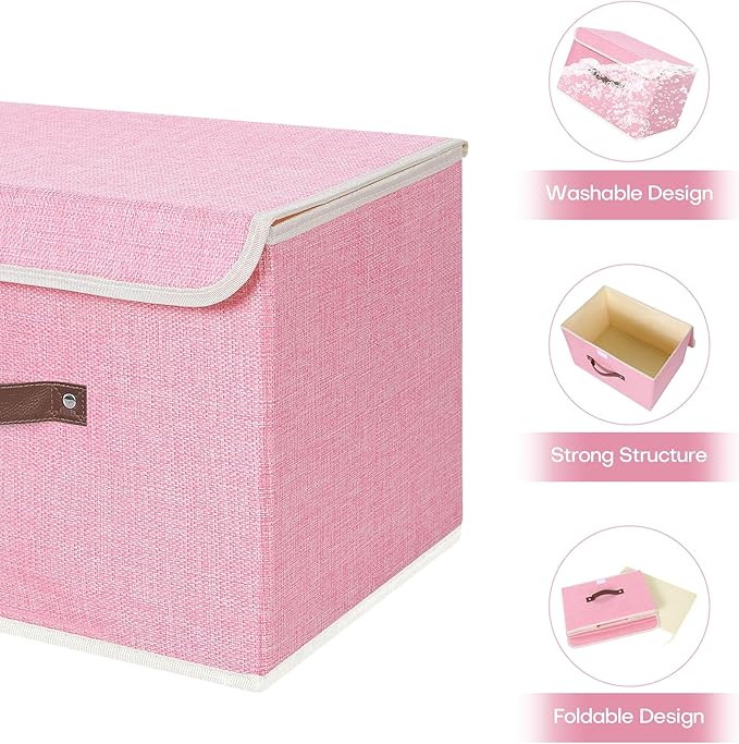 ANMINY 4PCS Storage Bins with Lid PU Leather Handles Storage Boxes PP Plastic Board Decorative Foldable Lidded Cotton Linen Fabric Home Cubes Baskets Closet Organizer Containers - Pink, Large Size-Ruum Studio Home
