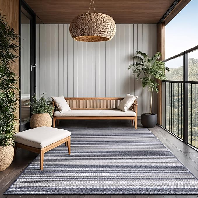 Stripe Outdoor Rug 10x14 Washable Outside Carpet for Indoor Patio Porch Waterproof Easy Cleaning Non Shedding Area Rugs Blue 10 x 14-Ruum Studio Home