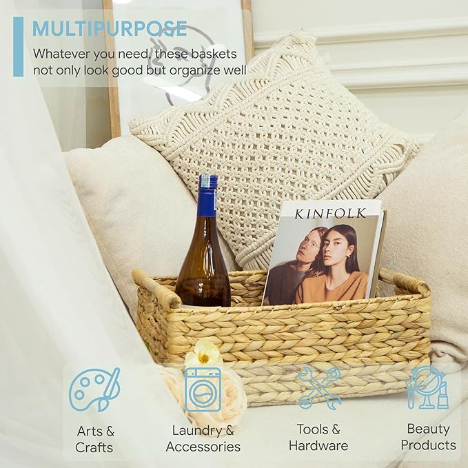 VATIMA Hyacinth Large Wicker Basket 15.5x10.8x6.2" - Rectangular, Wooden Handles, Shelf Organizer-Ruum Studio Home