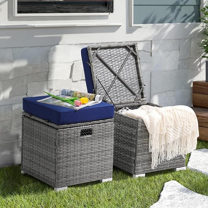 Patiorama 2 Piece Outdoor Patio Ottomans,All-Weather Grey PE Rattan Wicker Ottoman with Storage,Outdoor Footrest Footstool Seat w/Thick Cushion,Built-in Handle for Backyard Poolside Porch (Navy Blue)-Ruum Studio Home
