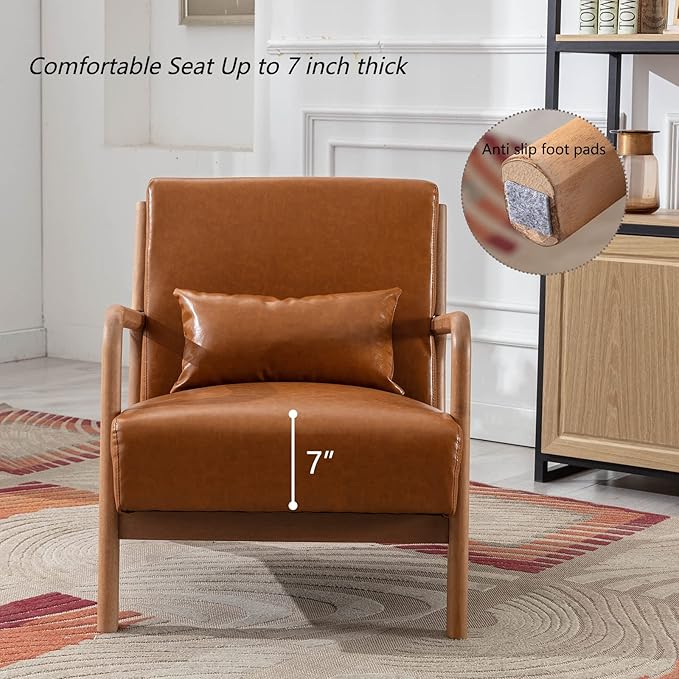 INZOY Mid-Century Modern Accent Chair Set of 2, PU Leather Reading Armchair with Waist Cushion, Upholstered Living Room Chairs for Bedroom Sunroom, Camel Set-Ruum Studio Home
