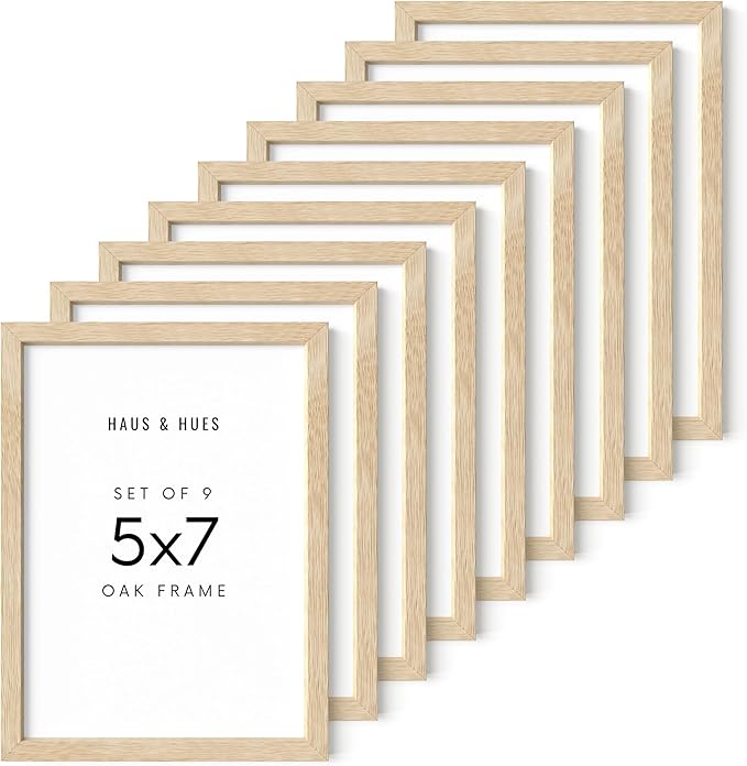 HAUS AND HUES Square Picture Frames 5 x 7 Set of 9 - Photo Gallery Wall Frame Set, Wood 5x7 Frames, 5 x 7 Frames Gallery Wall Set, 5x7 Frame with Mat, Square Frames 5x7 (Beige Oak Frames)-Ruum Studio Home