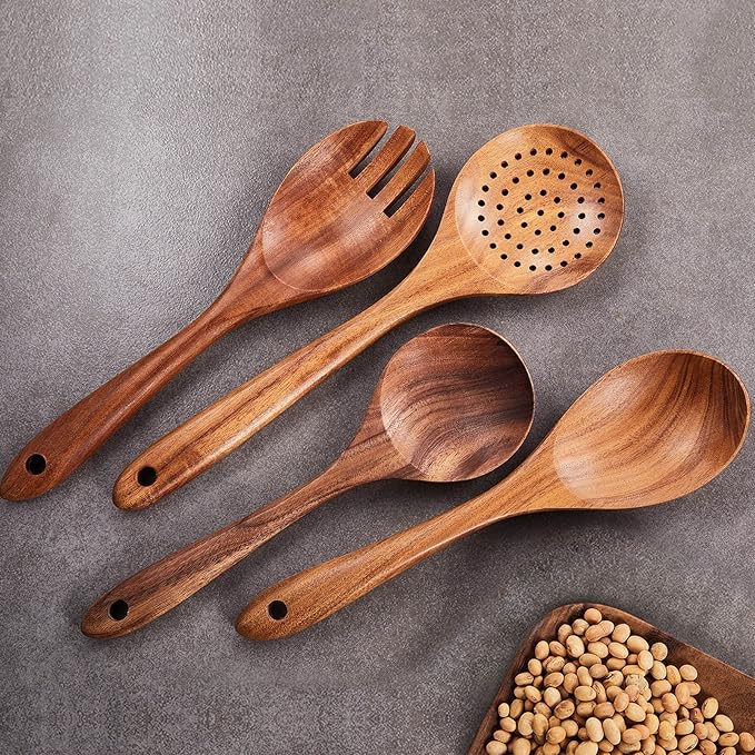 Wooden Kitchen Utensils Set,GUDAMAYE 9 PCE Natural Teak Wooden Spoons For Non-stick Pan for Cooking,-Ruum Studio Home