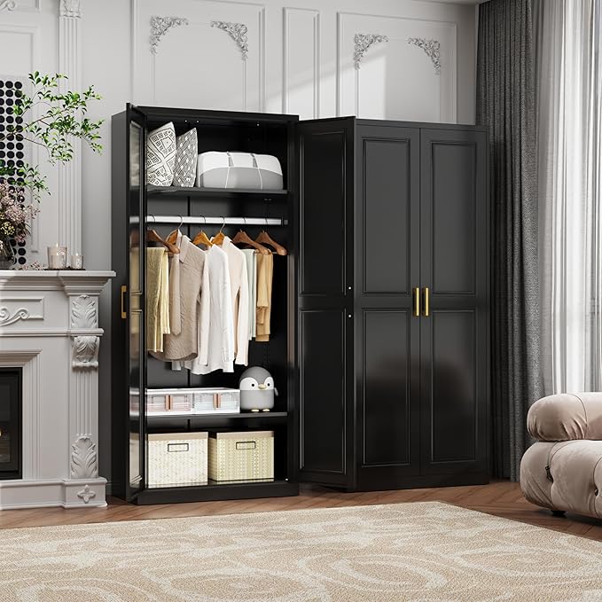 71" Metal Armoire Wardrobe Closet with 2 Doors, Tall Wardrobe Cabinet with Hanging Rod and Adjustable Shelves, Black Clothing Storage Cabinets for Bedroom, Laundry Room, Home Office-Ruum Studio Home