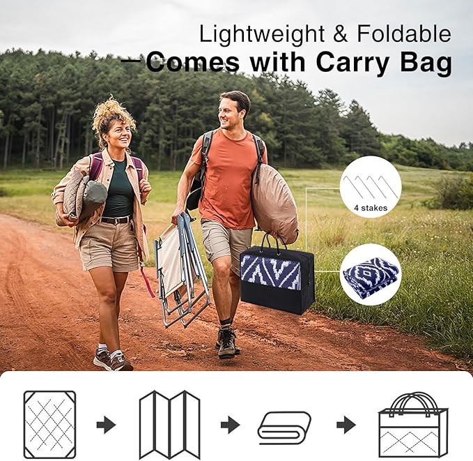 OLANLY Outdoor Rug 9x12 ft Waterproof, Outdoor Plastic Straw Rug with Geometric Pattern Clearance, Reversible RV Mat for Patio, Camping, Balcony, Deck, Backyard, Navy & White-Ruum Studio Home