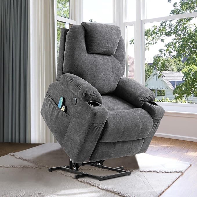 VIVIJASON Power Lift Chair Electric Recliner for Elderly Heated Vibration Massage Fabric Recliner Chair with 2 Remote Controls, Cup Holders, Side Pockets & USB Ports for Living Room (Grey)-Ruum Studio Home