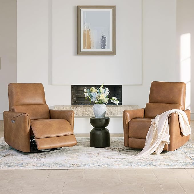 CHITA Power Recliner Chair Swivel Glider, FSC Certified Upholstered Faux Leather Living Room Nursery Reclining Sofa Chair with Lumbar Support, Cognac Brown-Ruum Studio Home