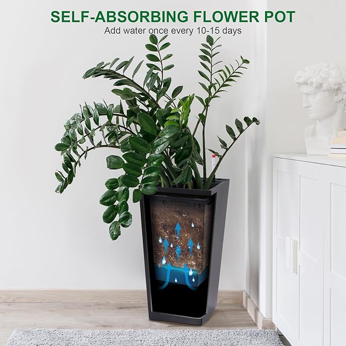 22.5" Tall Planters Set of 2, Outdoor＆Indoor Black Planter Pots, High Front Porch Planter Pots with Drainage Holes＆Water Level Monitor＆Inner Bucket, Automatic Watering, Black-Ruum Studio Home