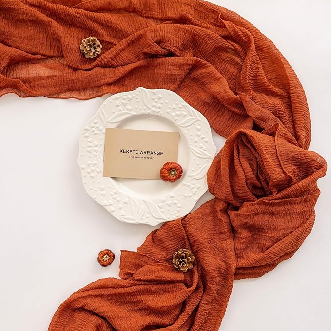 3pcs Fall Terracotta Table Runner Rust Gauze Rustic Cheesecloth 120 Inch 10 FT for Wedding Baby Shower Bridal Shower Birthday Engagement Garden Party Sheer Boho Thanksgiving Decorations-Ruum Studio Home