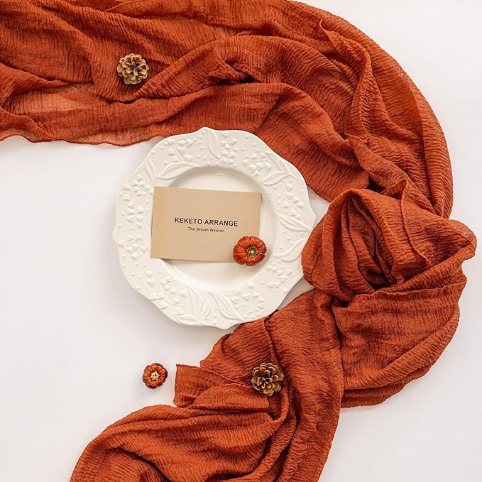 6pcs Fall Terracotta Table Runner Rust Gauze Rustic Cheesecloth 120 Inch 10 FT for Wedding Baby Shower Bridal Shower Birthday Engagement Garden Party Sheer Boho Thanksgiving Decorations-Ruum Studio Home