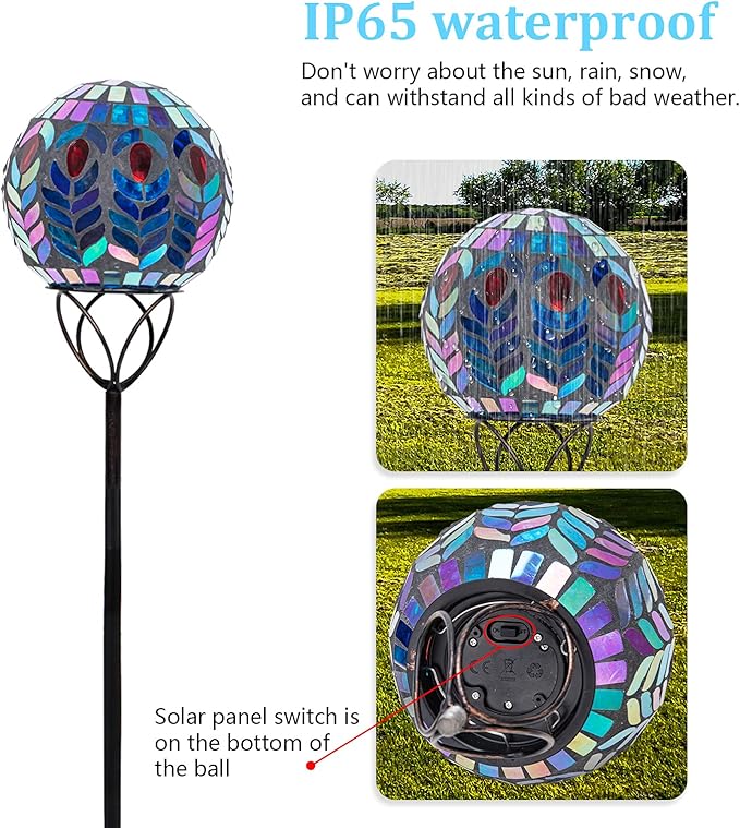 Afirst Solar Outdoor Garden Lights Decorative - Mosaic Solar Stakes Gazing Ball Waterproof Outdoor Lights Stakes for Pathway Yard Lawn Decoration(Multi)-Ruum Studio Home