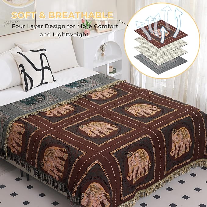 Boho Throw Blanket for Bed with Tassels,100% Cotton Ultra Soft and Cozy Large Blanket Elephant Printed Farmhouse Decor Bed Blankets,80"×90" All Season Rustic Throw for Sofa Couch Chair-Brown-Ruum Studio Home