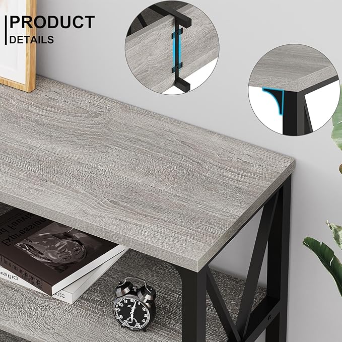LVB Industrial Entryway Table, Farmhouse Rustic Console Table Behind Couch, Long Metal Wooden Sofa Table with Storage Shelf, Modern Foyer Hallway for Living Room Bedroom, Light Grey Oak, 63 in-Ruum Studio Home