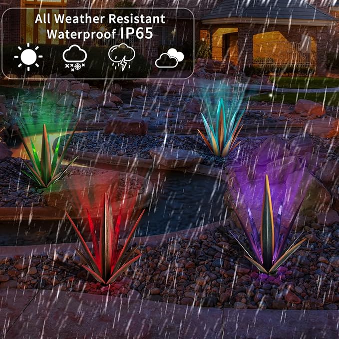 Large Tequila Rustic Sculpture, Rustic Metal Agave Plants for Outdoor Patio Yard, Home Decor Hand Painted Metal Agave Garden Yard Statue, Outdoor Lawn Ornaments (Red - L (W/Solar Light))-Ruum Studio Home