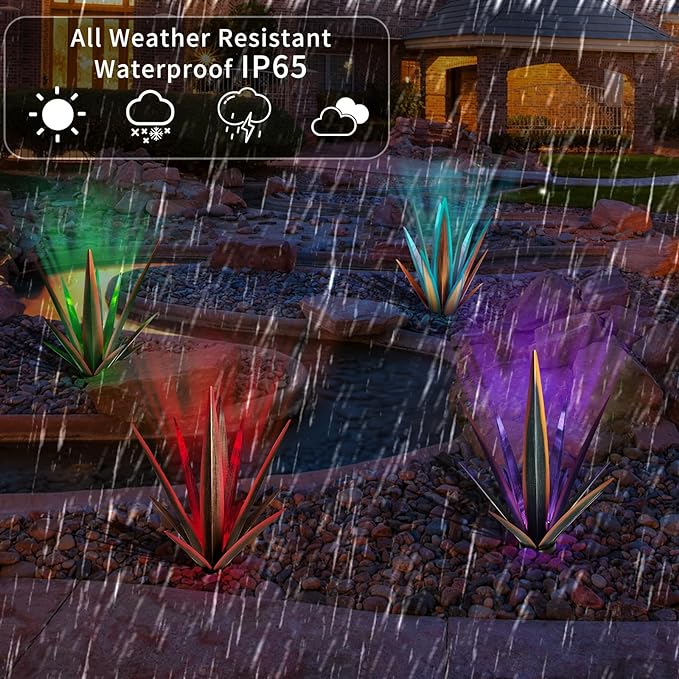 Large Tequila Rustic Sculpture, Rustic Metal Agave Plants for Outdoor Patio Yard, Home Decor Hand Painted Metal Agave Garden Yard Statue, Outdoor Lawn Ornaments (Black - L (W/Solar Light))-Ruum Studio Home