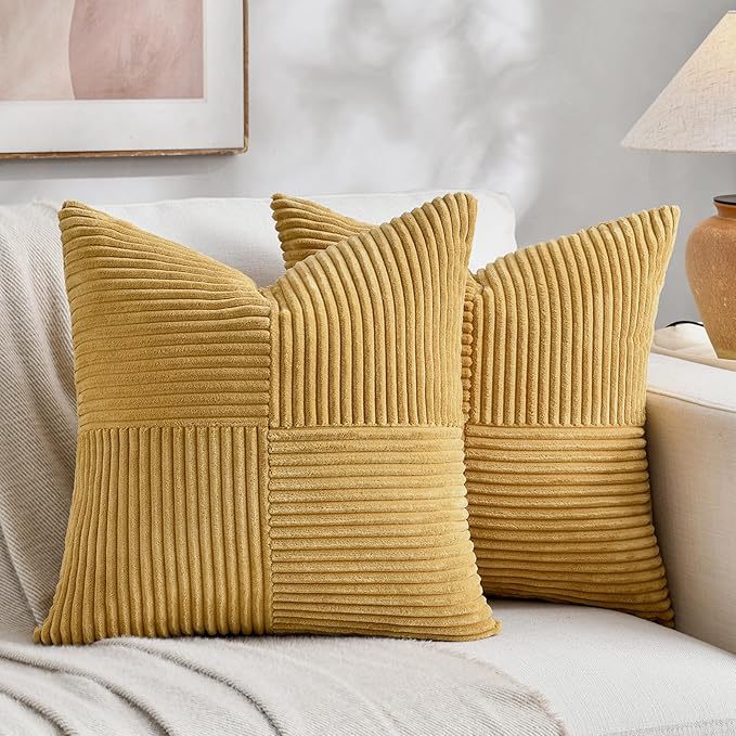 Fancy Homi 2 Packs Mustard Yellow Big Decorative Throw Pillow Covers 24x24 Inch for Living Room Couch Bed, Farmhouse Boho Home Decor, Soft Corss Corduroy Patchwork Accent Square Cushion Case 60x60 cm-Ruum Studio Home