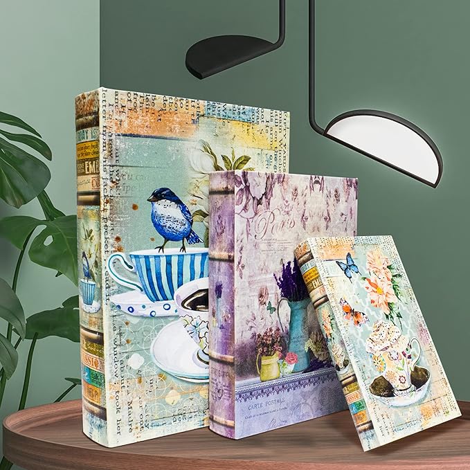 Decorative Book Box Set of 3, Trinket Keepsake Greeting Card Storage Box, Flower Bird Pattern Vintage Coffee Table Decoration, Graduation Gift Idea-Ruum Studio Home