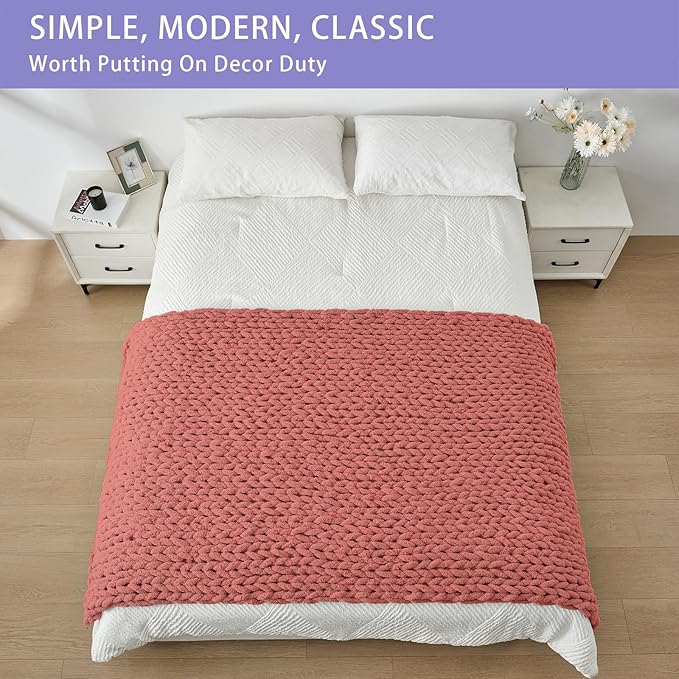 Bigacogo Chunky Knit Throw Blanket for Couch, 40x80 inches, 100% Hand Knitted with Thick Jumbo Chenille Yarn, Cozy Soft Large Rope Knot Cable Crochet Blankets for Sofa Bed Living Room, Antique Red-Ruum Studio Home