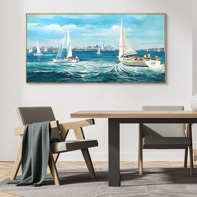 XLSJERST Large Blue Canvas Wall Art Seascape Painting - Landscape Picture Textured Navy Modern Sailboat Ocean Artwork Framed for Living Room Bedroom Bathroom Home Office Wall Decor Large Size 24"x48"-Ruum Studio Home