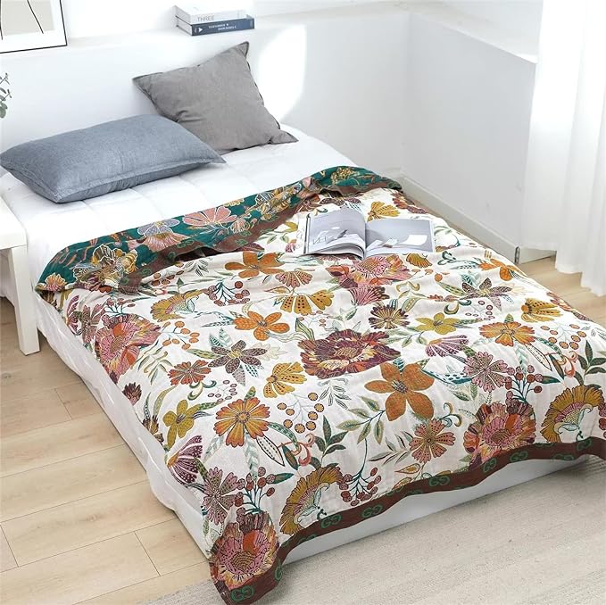 MSGKV Boho Throw Blanket for Bed Couch,100% Cotton Blankets 80''x 90'', Reversible Versatile Muslin Blanket, Super Soft Warm Boho Bedding Blankets-Ruum Studio Home