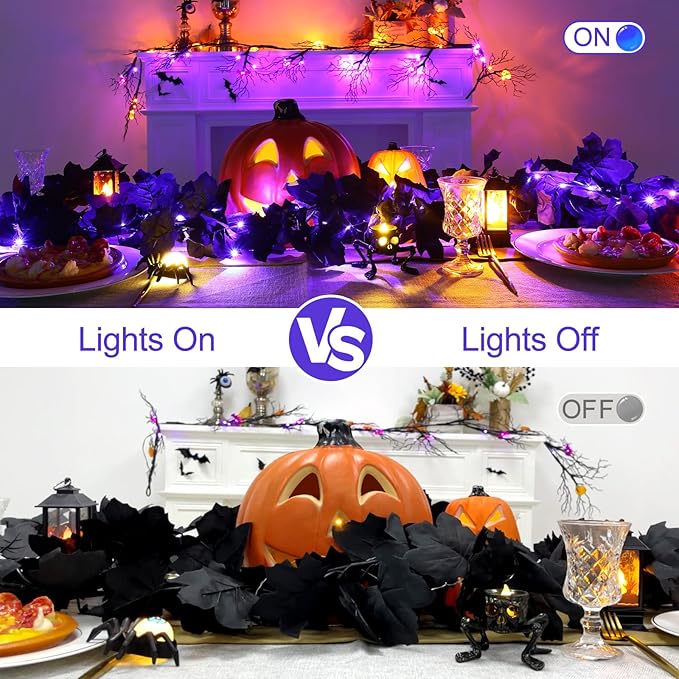 Joyhalo 2 Pack Halloween Garland with Lights, Black Maple Leaves Lighted Garland for Mantle, 5.7FT Light Up Leaf Autumn Vines Outdoor for Door Frame, Fireplace and Thanksgiving Fall Decor-Ruum Studio Home